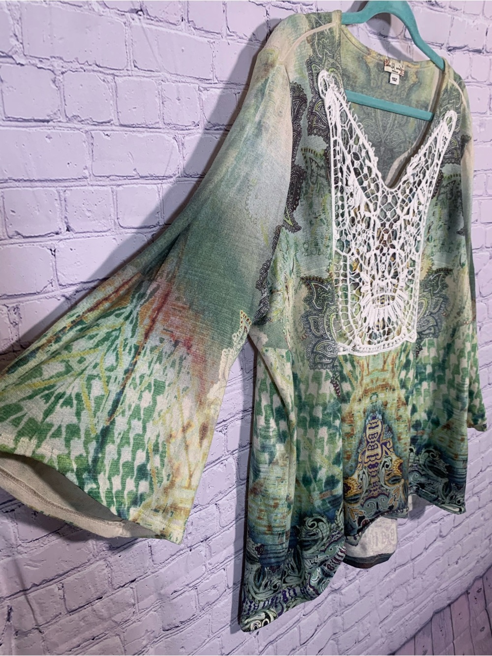 World Unity Womens Bell Sleeve Multi Long Sleeve Top Sz 3X Forest Fairy Casual